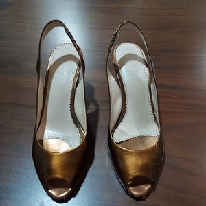 Bronze patent Franco Sarto open toe sling back stacked heel shoes